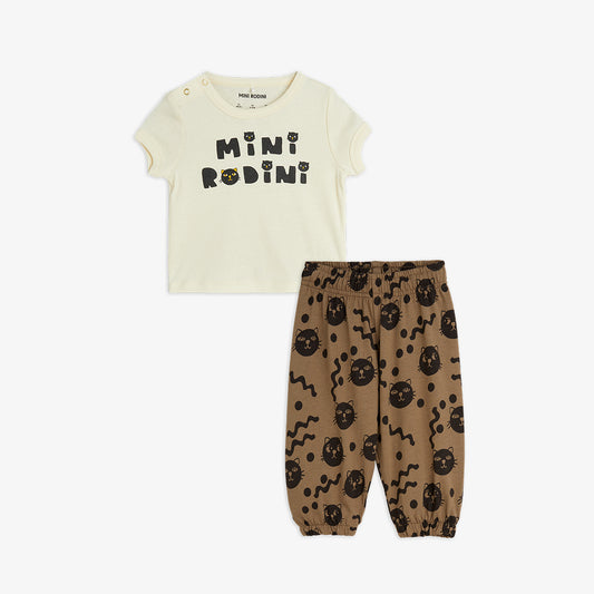 Conjunto Bebé "Cats" – Off White y Marrón | Mini Rodini
