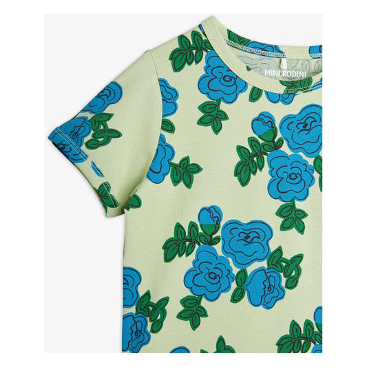 Camiseta de Manga Corta con Estampado de Rosas Azules – Verde | Mini Rodini