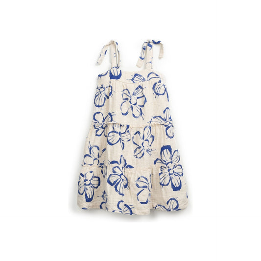 Vestido de Lino y Algodón con Estampado de Flores Azul – Niña | Play Up