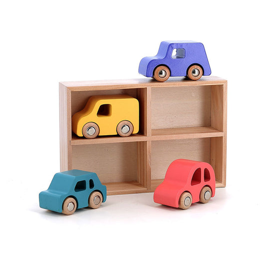 Pack de 4 Coches de Madera con Estantería – Vilac (Edición Multicolor)