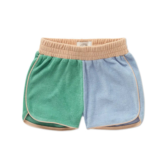Pantalones Cortos Deportivos de Rizo Colourblock – Azul Niebla y Verde Botánico | Sproet & Sprout