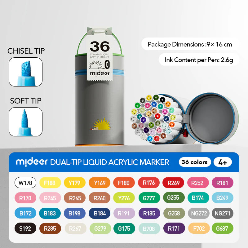 Rotuladores Acrílicos Líquidos Punta Doble – 36 Colores | Mideer