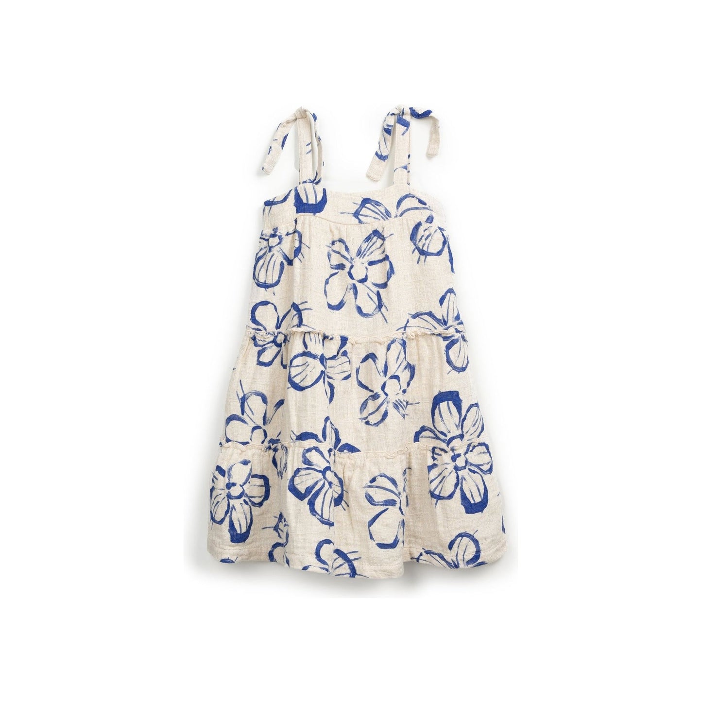 Vestido de Lino y Algodón con Estampado de Flores Azul – Niña | Play Up