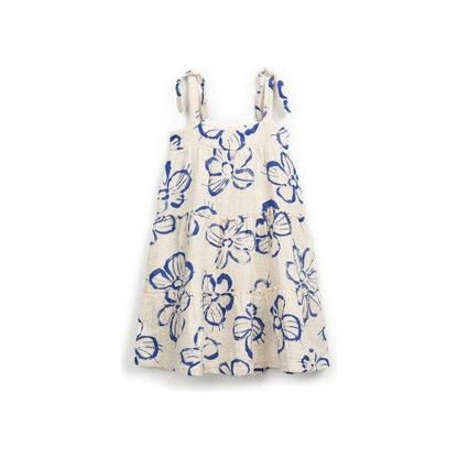 Vestido de Lino y Algodón con Estampado de Flores Azul – Niña | Play Up