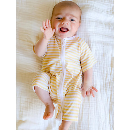 Pijama Corto Zippy Romper de Verano de Bambú – Yellow Stripes | Lilulila