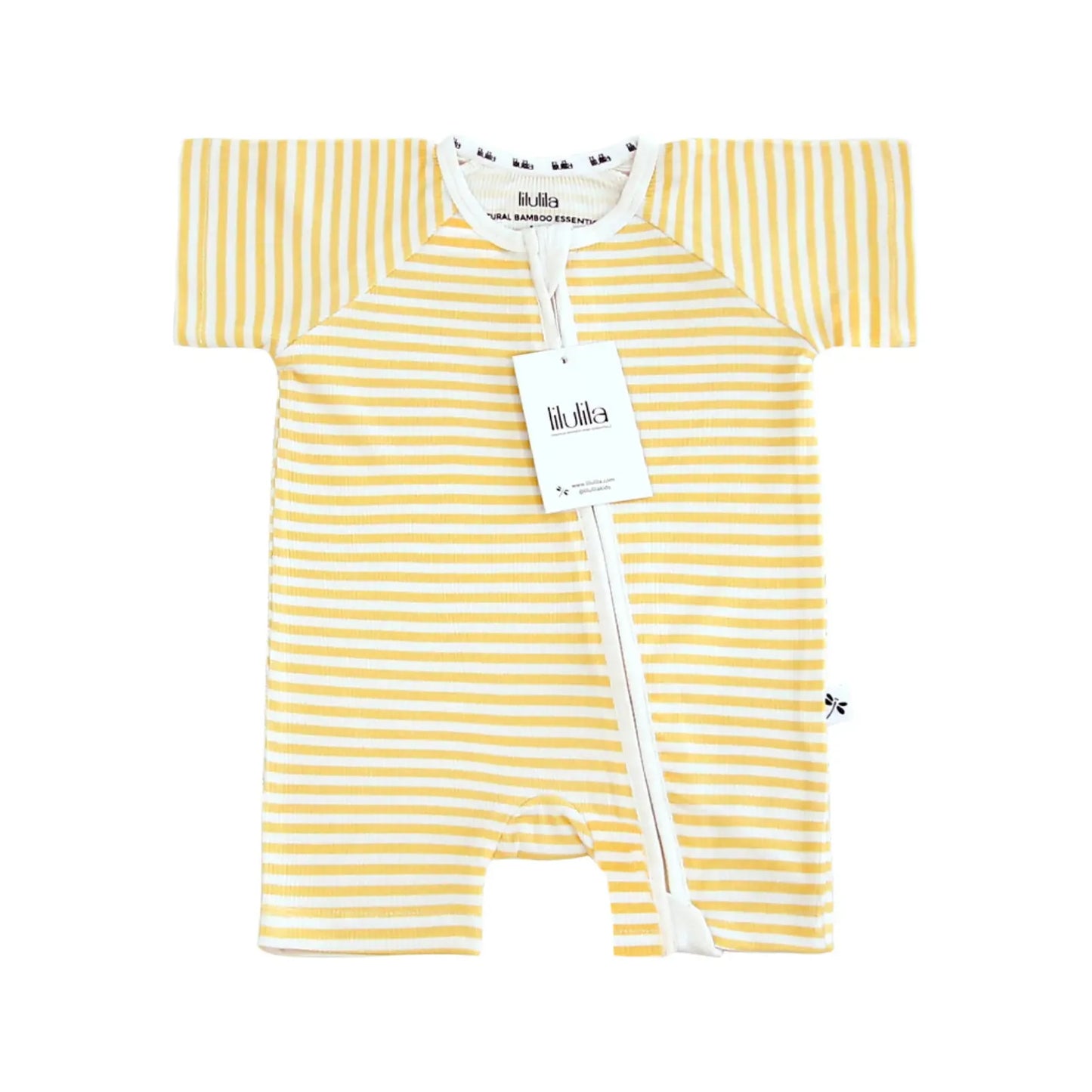 Pijama Corto Zippy Romper de Verano de Bambú – Yellow Stripes | Lilulila