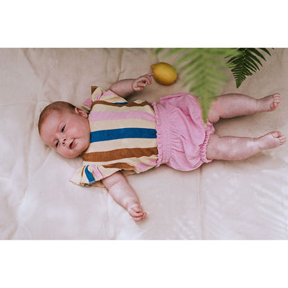 Baby romper with ruffles and multicolored stripes | Sproet & Sprout